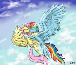 Size: 3507x3000 | Tagged: source needed, safe, artist:pwnyville, fluttershy, rainbow dash, pegasus, pony, g4, duo, female, high res, kiss on the lips, kissing, lesbian, mare, ship:flutterdash, shipping, spread wings, wings