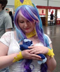 Size: 1024x1228 | Tagged: safe, artist:celestia-in-love, princess celestia, princess luna, human, g4, 2014, convention, cosplay, eyes closed, filly, irl, irl human, leipzig book fair, photo, plushie, s1 luna, woona