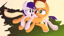 Size: 1191x670 | Tagged: safe, artist:january3rd, applejack, oc, oc:constance everheart, g4, canon x oc, everjack, shipping, smiling