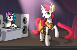 Size: 1024x668 | Tagged: safe, artist:drawponies, dj pon-3, vinyl scratch, pony, unicorn, g4, colored, performance, record scrape, rule 63