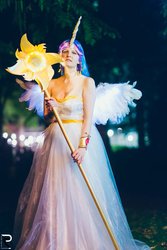 Size: 464x696 | Tagged: safe, artist:kittenclaw, princess celestia, human, g4, clothes, cosplay, dress, irl, irl human, photo, solo, staff, strapless