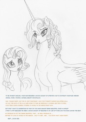 Size: 987x1400 | Tagged: safe, artist:leovictor, rarity, scootaloo, alicorn, pony, unicorn, g4, alicornified, dialogue, duo, female, horn, long horn, mare, race swap, scootacorn, size difference, traditional art