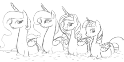 Size: 1740x878 | Tagged: safe, artist:patch, princess cadance, princess celestia, princess luna, twilight sparkle, alicorn, pony, g4, alicorn tetrarchy, bath, belly, female, mare, missing accessory, monochrome, preglestia, preglight sparkle, pregnant, sketch, smiling, twilight sparkle (alicorn), water