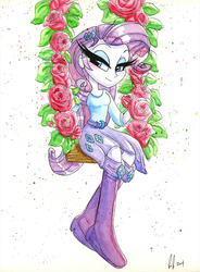 Size: 781x1059 | Tagged: safe, artist:prettypinkpony, rarity, equestria girls, g4, female, long eyelashes, rose, solo, swing, traditional art