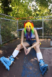 Size: 464x696 | Tagged: safe, artist:nishi-ki, rainbow dash, human, g4, cosplay, goggles, irl, irl human, photo, roller skates