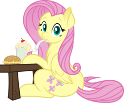 Size: 4191x3479 | Tagged: safe, artist:latecustomer, artist:silverrainclouds, fluttershy, pegasus, pony, g4, burger, cute, drink, female, food, hay burger, looking at you, looking back, mare, milkshake, mouth hold, shyabetes, simple background, sitting, solo, straw, transparent background, vector