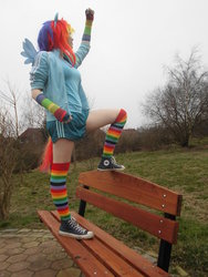Size: 522x696 | Tagged: safe, artist:millithechan, rainbow dash, human, g4, bench, clothes, cosplay, hand up, irl, irl human, photo, rainbow socks, socks, solo, striped socks