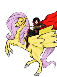 Size: 550x734 | Tagged: safe, artist:ellabellabugsie, fluttershy, human, g4, crossover, realistic, riding, ruby rose, rwby