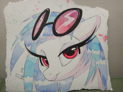 Size: 1067x800 | Tagged: safe, artist:prettypinkpony, dj pon-3, vinyl scratch, pony, unicorn, g4, eyelashes, female, long eyelashes, looking at you, missing horn, smiling, smirk, solo, traditional art, watercolor painting