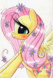 Size: 800x1170 | Tagged: safe, artist:prettypinkpony, fluttershy, pegasus, pony, g4, blushing, cute, eyelashes, female, flower, flower in hair, long eyelashes, profile, smiling, solo, spread wings, traditional art, watercolor painting