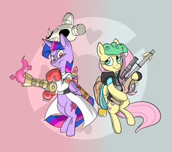 Size: 895x790 | Tagged: safe, artist:metal-kitty, fluttershy, twilight sparkle, alicorn, pegasus, pony, g4, crossover, cutie mark, female, gun, hooves, horn, mare, medic, medic (tf2), optical sight, rifle, smiling, sniper, sniper (tf2), sniper rifle, snipershy, team fortress 2, teeth, twi medic, twilight sparkle (alicorn), weapon, wings