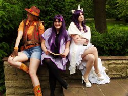 Size: 696x522 | Tagged: safe, artist:azalais, artist:elora, applejack, rarity, twilight sparkle, human, g4, 2012, cosplay, high heels, irl, irl human, nipponcon, photo