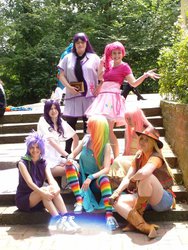 Size: 522x696 | Tagged: safe, artist:azalais, artist:elora, applejack, fluttershy, pinkie pie, rainbow dash, rarity, spike, twilight sparkle, human, g4, 2012, clothes, cosplay, irl, irl human, mane six, nipponcon, photo, rainbow socks, socks, striped socks