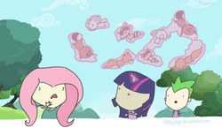 Size: 1024x595 | Tagged: safe, artist:jajayjayy, fluttershy, spike, twilight sparkle, beaver, human, rabbit, raccoon, g4, magic duel, my little pony: friendship is magic, horn, horned humanization, humanized, magic, scene interpretation