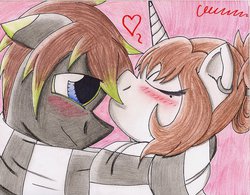 Size: 1012x789 | Tagged: safe, artist:the1king, oc, oc only, oc:ace gear, oc:media mare, clothes, cute, kissing, scarf, shared clothing, shared scarf, shipping, traditional art