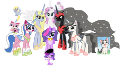 Size: 1444x804 | Tagged: safe, artist:desu, derpy hooves, sweetie belle, oc, alicorn, pony, g4, alicorn oc, alicornified, chi, chi's sweet home, crossover, lego, littlest pet shop, ponified, the lego movie, unikitty, zoe trent