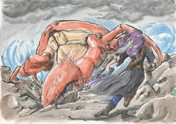 Size: 1280x899 | Tagged: safe, artist:thekuto, rarity, crab, giant crab, human, g4, female, fight, gun, humanized, rarity fighting a giant crab, traditional art, watercolor painting