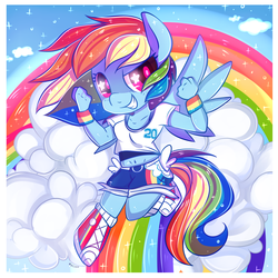 Size: 2000x2000 | Tagged: dead source, safe, artist:suzuii, rainbow dash, anthro, g4, chibi, cloud, cloudy, female, high res, rainbow, solo, sparkles, wingding eyes, wristband