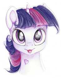 Size: 3497x4464 | Tagged: safe, artist:vird-gi, twilight sparkle, g4, :p, female, heart, high res, looking at you, portrait, simple background, solo, tongue out, traditional art