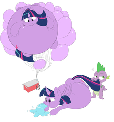 Size: 2800x3000 | Tagged: safe, artist:anonopony, spike, twilight sparkle, alicorn, dragon, pony, g4, air inflation, balloon, belly, big belly, deflation, female, floating, high res, huge belly, inflation, male, mare, puffy cheeks, simple background, spherical inflation, twiblimp sparkle, twilight sparkle (alicorn), vomit, vomiting, water, water inflation, white background