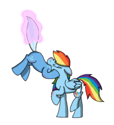 Size: 594x649 | Tagged: safe, artist:theinternetismaze, rainbow dash, trixie, pegasus, pony, unicorn, g4, drool, feeding, female, fetish, horn, lesbian, levitation, magic, magic aura, mare, preddash, raised tail, self-levitation, ship:trixdash, shipping, simple background, telekinesis, transparent background, trixie prey, vore, willing prey, willing vore