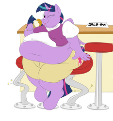 Size: 2800x3000 | Tagged: safe, artist:anonopony, twilight sparkle, alicorn, anthro, unguligrade anthro, g4, belly button, fat, female, food, furniture abuse, high res, ice cream, morbidly obese, obese, one eye closed, sitting, solo, twilard sparkle, twilight sparkle (alicorn), wink