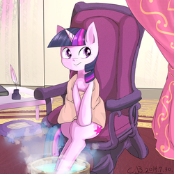 Size: 1000x1000 | Tagged: safe, artist:coldbest, twilight sparkle, g4, chair, female, quill, sitting, solo, steam, towel