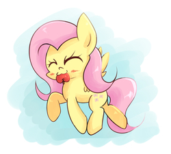 Size: 1200x1080 | Tagged: safe, artist:joycall6, fluttershy, g4, :3, apple, female, happy, mouth hold, simple background, solo