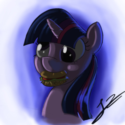 Size: 934x934 | Tagged: safe, artist:jayzonsketch, twilight sparkle, alicorn, pony, g4, burger, derp, female, hay burger, mare, mouth hold, nom, portrait, smiling, solo, that pony sure does love burgers, twilight burgkle, twilight sparkle (alicorn)