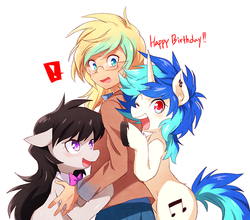 Size: 500x440 | Tagged: safe, artist:re_ghotion, dj pon-3, octavia melody, vinyl scratch, oc, earth pony, human, pony, unicorn, g4, bipedal, bipedal leaning, exclamation point, female, floppy ears, happy birthday, lucky bastard, mare, open mouth, smiling, surprised, wide eyes, wink