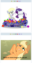 Size: 264x525 | Tagged: safe, applejack, derpy hooves, rarity, pegasus, pony, derpibooru, g4, applepray, ball pit, dashcon, exploitable meme, female, juxtaposition, juxtaposition win, mare, meme, meta