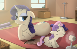 Size: 1400x900 | Tagged: dead source, safe, artist:regolithx, rarity, sweetie belle, pony, unicorn, g4, cute, diasweetes, duo, electric fan, eyes closed, fan, female, filly, floppy ears, fluffy, frown, glare, heat, hot, mare, messy mane, on side, prone, sisters, sitting, smiling, summer, sweat, unamused