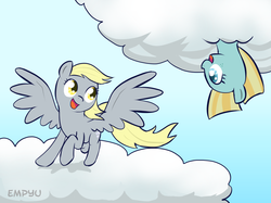 Size: 1000x746 | Tagged: safe, artist:empyu, derpy hooves, oc, pegasus, pony, g4, cloud, duo, eye contact, female, freckles, mare, open mouth, raised hoof, smiling, spread wings, upside down