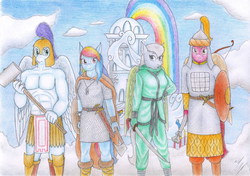 Size: 3485x2448 | Tagged: safe, artist:sinaherib, rainbow dash, soarin', oc, anthro, g4, clothes, high res, royal guard, topless, traditional art