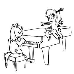 Size: 600x600 | Tagged: safe, artist:deerspit, artist:naroclie, big macintosh, derpy hooves, earth pony, pegasus, pony, g4, black and white, female, grayscale, male, mare, microphone, monochrome, musical instrument, piano, simple background, sketch, stallion, white background