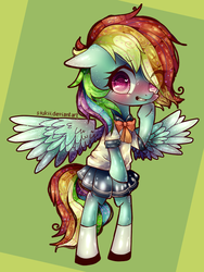 Size: 624x828 | Tagged: dead source, safe, artist:siukii, rainbow dash, pegasus, pony, semi-anthro, g4, abstract background, bipedal, blushing, bow, clothes, colored wings, cute, dashabetes, embarrassed, female, heart eyes, mare, miniskirt, pleated skirt, rainbow dash always dresses in style, school uniform, simple background, skirt, socks, solo, spread wings, wingding eyes, zettai ryouiki