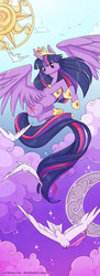 Size: 327x900 | Tagged: safe, artist:cinnamoron, twilight sparkle, alicorn, bird, dove, pony, g4, crown, female, flying, hoof shoes, jewelry, mare, peytral, regalia, solo, twilight sparkle (alicorn)