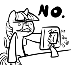 Size: 1100x1000 | Tagged: safe, artist:ocarina0ftimelord, twilight sparkle, g4, computer, monochrome, no, reaction image, screen punch