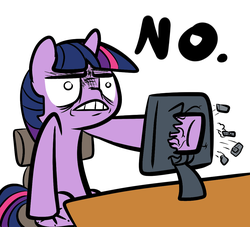 Size: 1100x1000 | Tagged: safe, artist:ocarina0ftimelord, twilight sparkle, pony, unicorn, g4, angry, artifact, chair, computer, female, frown, glare, gritted teeth, mare, monitor, no, pc, punch, reaction image, screen punch, simple background, sitting, solo, unicorn twilight, violence, white background, wide eyes
