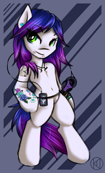 Size: 667x1100 | Tagged: safe, artist:kairaanix, oc, oc only, oc:kaira, pony, semi-anthro, bipedal, headphones, iphone, piercing, smiling, smirk, solo, tattoo