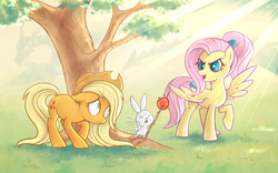 Size: 1280x800 | Tagged: safe, artist:stasysolitude, angel bunny, applejack, fluttershy, g4, alternate hairstyle, loose hair, personality swap