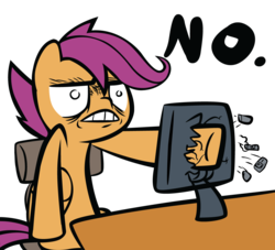 Size: 1100x1000 | Tagged: safe, artist:ocarina0ftimelord, scootaloo, g4, computer, no, reaction image, screen punch
