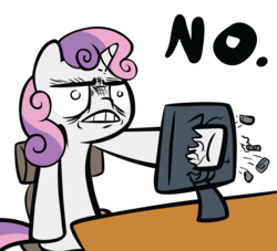 Size: 1100x1000 | Tagged: safe, artist:ocarina0ftimelord, sweetie belle, g4, computer, no, reaction image, screen punch