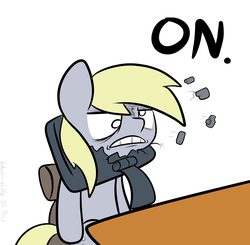 Size: 3400x3335 | Tagged: safe, artist:wonder-waffle, derpy hooves, pegasus, pony, angry, computer, derp, female, frown, glare, gritted teeth, headbutt, high res, mare, no, on, reaction image, screen punch, solo, violence, wide eyes, yes