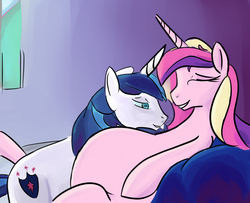 Size: 1024x830 | Tagged: safe, artist:patch, artist:twizzle, princess cadance, shining armor, g4, belly, colored, cuddling, eyes closed, grin, on back, pregnant, smiling, snorting, snuggling