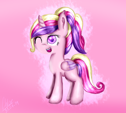 Size: 1024x916 | Tagged: safe, artist:rainbowdashnyan, princess cadance, g4, :d, female, filly, smiling, solo, wink, younger