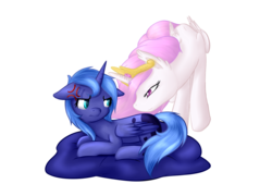 Size: 1500x1080 | Tagged: safe, artist:avialexis25, artist:baldmoose, princess celestia, princess luna, g4, angry, cewestia, collaboration, cute, filly, floppy ears, frown, glare, prone, simple background, smiling, smirk, woona, younger