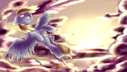 Size: 1920x1080 | Tagged: safe, artist:baldmoose, derpy hooves, pegasus, pony, g4, cloud, cloudy, female, floppy ears, flying, mare, solo, sun, sunset
