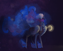 Size: 1342x1072 | Tagged: safe, artist:swollenbabyfat, princess luna, alicorn, pony, g4, ethereal fetlocks, ethereal mane, ethereal tail, female, galaxy mane, jewelry, mare, mouth hold, peytral, regalia, solo, tail, tangible heavenly object, unshorn fetlocks, windswept mane