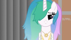 Size: 1280x720 | Tagged: safe, artist:mixermike622, princess celestia, g4, alternate hairstyle, cute, cutelestia, female, fluffle horse m.d., frown, hair over one eye, house m.d., messy mane, necklace, solo